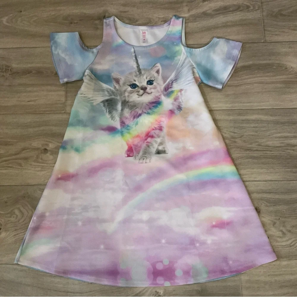 New without tags Justice Unicorn Kitty Cold shoulders dress (pink, purple, blue)